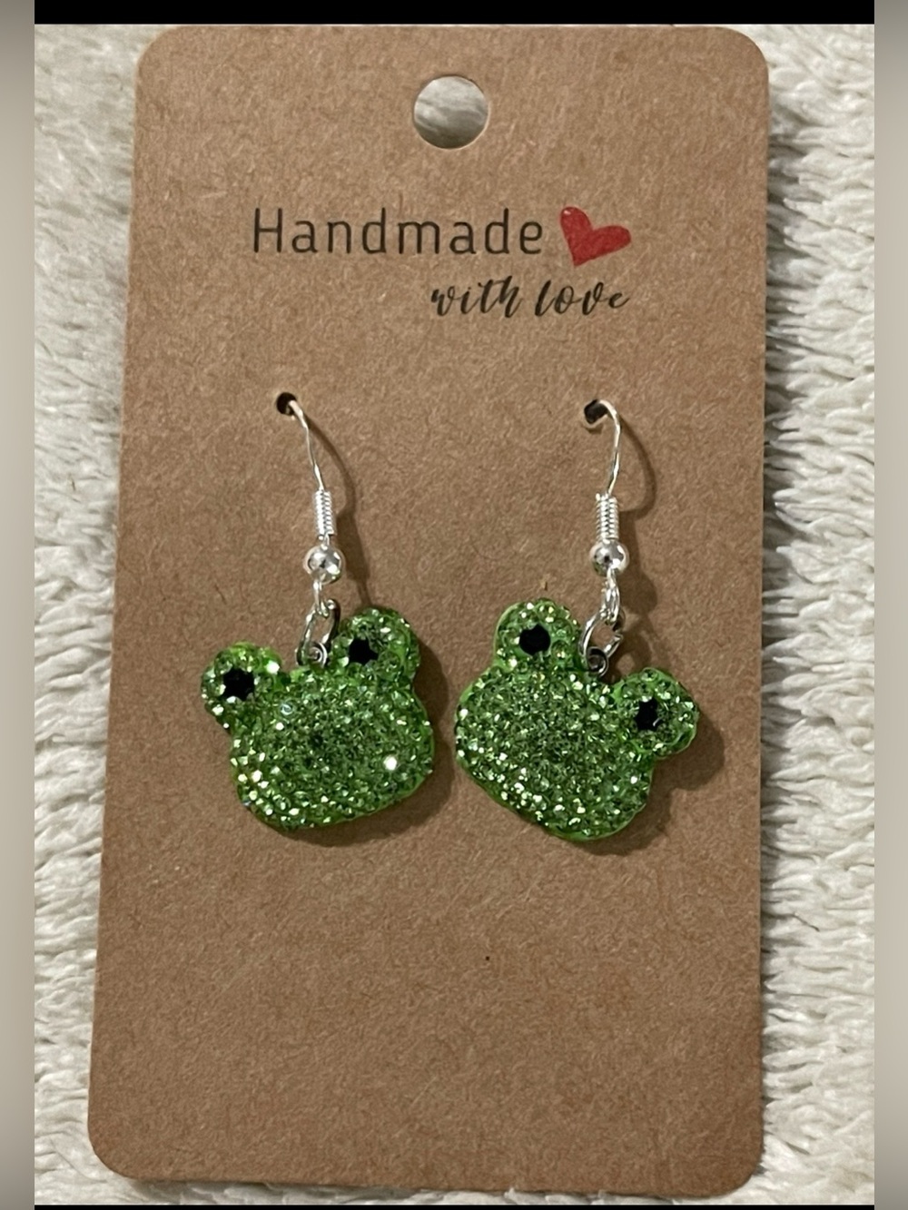 Handcrafted Green rhinestone frogs earrings